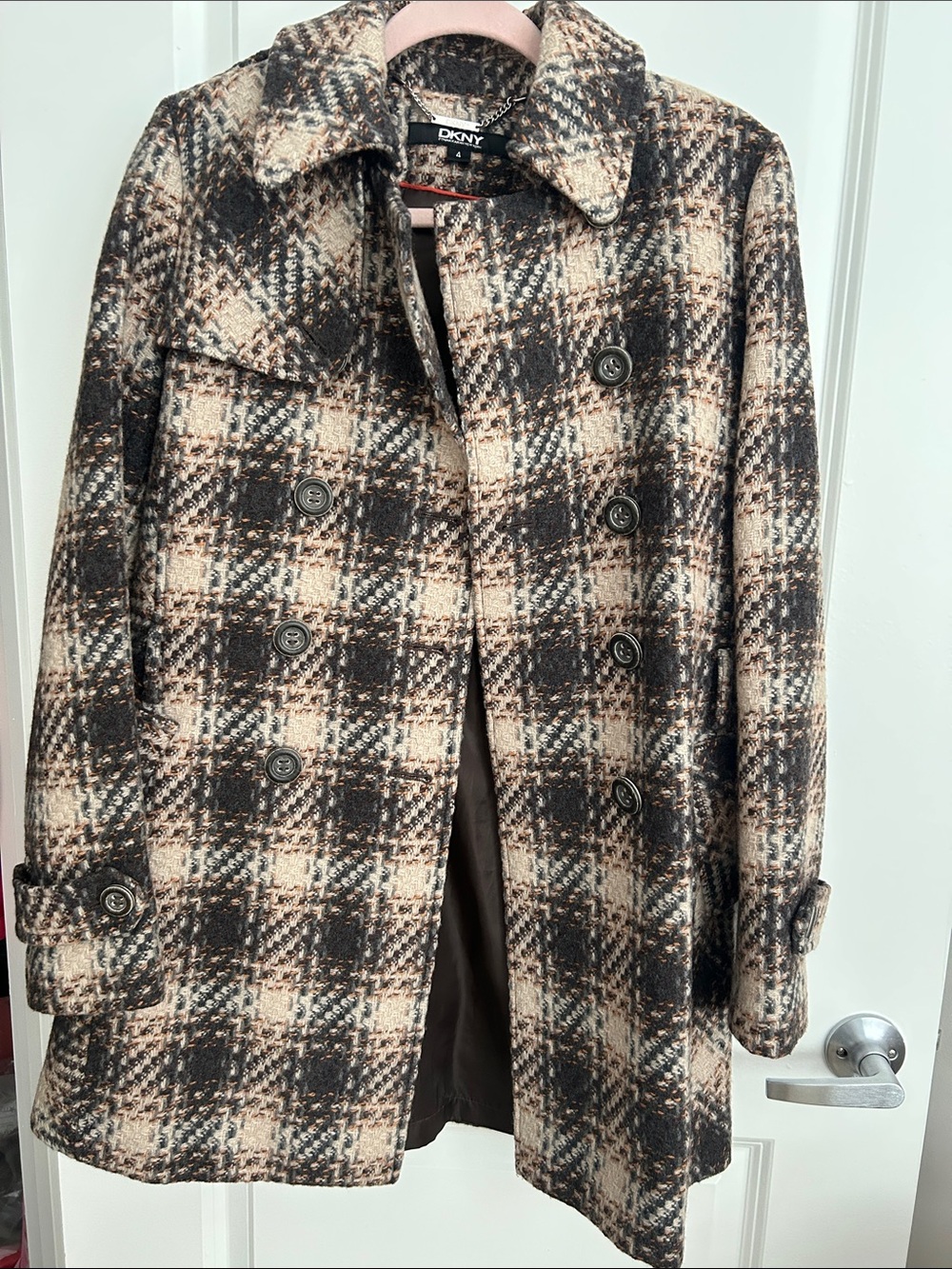 DKNY Black & Cream Plaid Double-Breasted Pea Coat